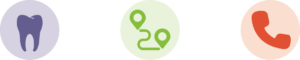 icons with a tooth, map, and phone