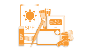 illustration showing safety items such as alcohol prep pad, sunscreen, and more