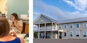 Split image showing a community health center staff member on the phone at a front desk and the outside of Champlain Islands Health Center.